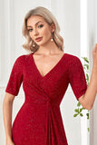 Burgundy Sparkly Short Sleeves V-Neck Long Ball Dress