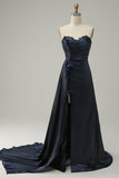 A Line Sweetheart Navy Long Ball Dress with Split Front