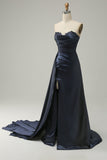 A Line Sweetheart Navy Long Ball Dress with Split Front