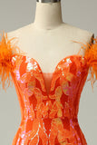 Orange Sequins Off the Shoulder Mermaid Ball Dress with Feathers