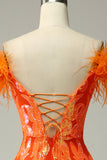 Orange Sequins Off the Shoulder Mermaid Ball Dress with Feathers