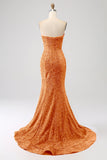 Orange Mermaid Sweetheart Sweep Train Prom Dress With Sequins
