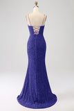 Sparkly Royal Blue Mermaid Spaghetti Straps Sequin Long Prom Dress With Split