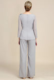 Grey Long Sleeves 2 Piece Mother of the Bride Pant Suits