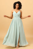 Agave Green A-Line Ruched Long Chiffon Bridesmaid Dress