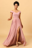 Dusty Rose Ruffles Floor Length Chiffon Bridesmaid Dress with Slit