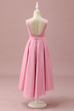 Pink High Low Floor Length Satin Junior Bridesmaid Dress