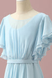Light Blue Chiffon Batwing Sleeves A-Line Junior Bridesmaid Dress