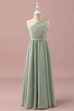 Green One Shoulder Lace and Chiffon Junior Bridesmaid Dress