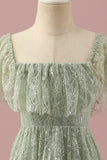 Green Lace Square Neck High Low Junior Bridesmaid Dress