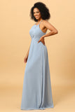 Dusty Blue Halter Long Chiffon Bridesmaid Dress with Ruffles