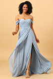 Dusty Blue Off Shoulder Chiffon Bridesmaid Dress with Slit