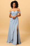 Dusty Blue Off Shoulder Chiffon Bridesmaid Dress with Slit
