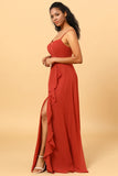 Terracotta Spaghetti Straps Chiffon A-line Bridesmaid Dress with Slit