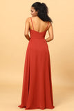 Terracotta Spaghetti Straps Chiffon A-line Bridesmaid Dress with Slit