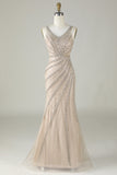 Sparkly Champagne Beaded Mermaid Long Ball Dress with Wrap