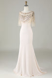 Sparkly Champagne Boat Neck Beaded Mermaid Long Ball Dress