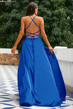Royal Blue A-Line Spaghetti Straps Backless Long Satin Prom Dress with Slit