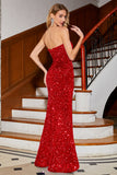 Sparkly Red Mermaid Strapless Sequins Long Prom Dress With Slit