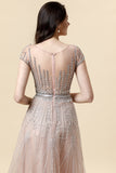 Sparkly Blush Beaded A-Line Tulle Ball Dress