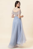 Sparkly Grey Beaded Long Tulle Ball Dress
