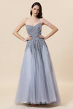 Sparkly Grey Beaded Tulle Sweetheart Long Ball Dress