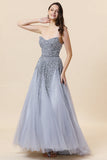 Sparkly Grey Beaded Tulle Sweetheart Long Ball Dress