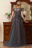 Grey A Line Tulle Beaded Glitter Mother of Bride Dress