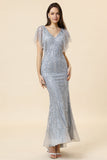 Sparkly Grey Beaded Mermaid Long Ball Dress