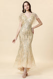 Mermaid V Neck Golden Beaded Long Mother of Bride Dress