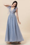 Sparkly Beaded Grey Long Tulle Ball Dress