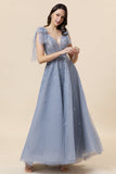 Sparkly Beaded Blue Long Tulle Ball Dress