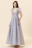 Sparkly Beaded Grey Long Tulle Ball Dress