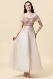A Line Square Neck Blush Beading Long Mother of Bride Dress