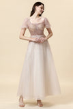 A Line Square Neck Blush Beading Long Mother of Bride Dress