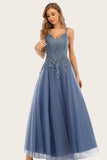 Dusty Blue Appliqued V-Neck Tulle Long Ball Dress