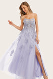 Lavender Tulle Long Ball Dress with Lace