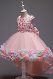 Pink Flower Girl Dress with Flowers and Bowknot