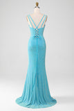 Sparkly Turquoise Mermaid Spaghetti Straps Long Ball Dress With Beading