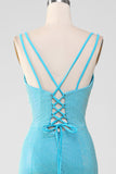 Sparkly Turquoise Mermaid Spaghetti Straps Long Ball Dress With Beading
