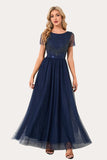 Sparkly Navy Boat Neck Beaded Long Party Dress