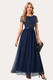 Sparkly Navy Boat Neck Beaded Long Party Dress