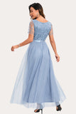 Sparkly Blue A Line Beaded Long Tulle Party Dress
