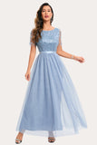 Sparkly Blue A Line Beaded Long Tulle Party Dress