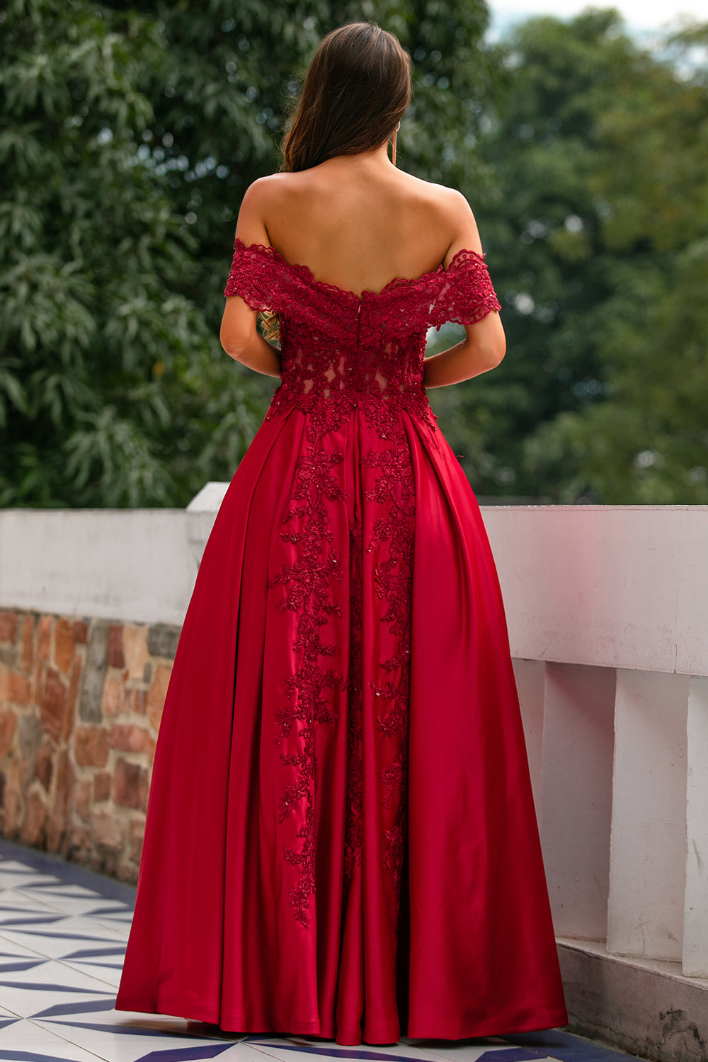 Red Off the Shoulder Long Ball Dress