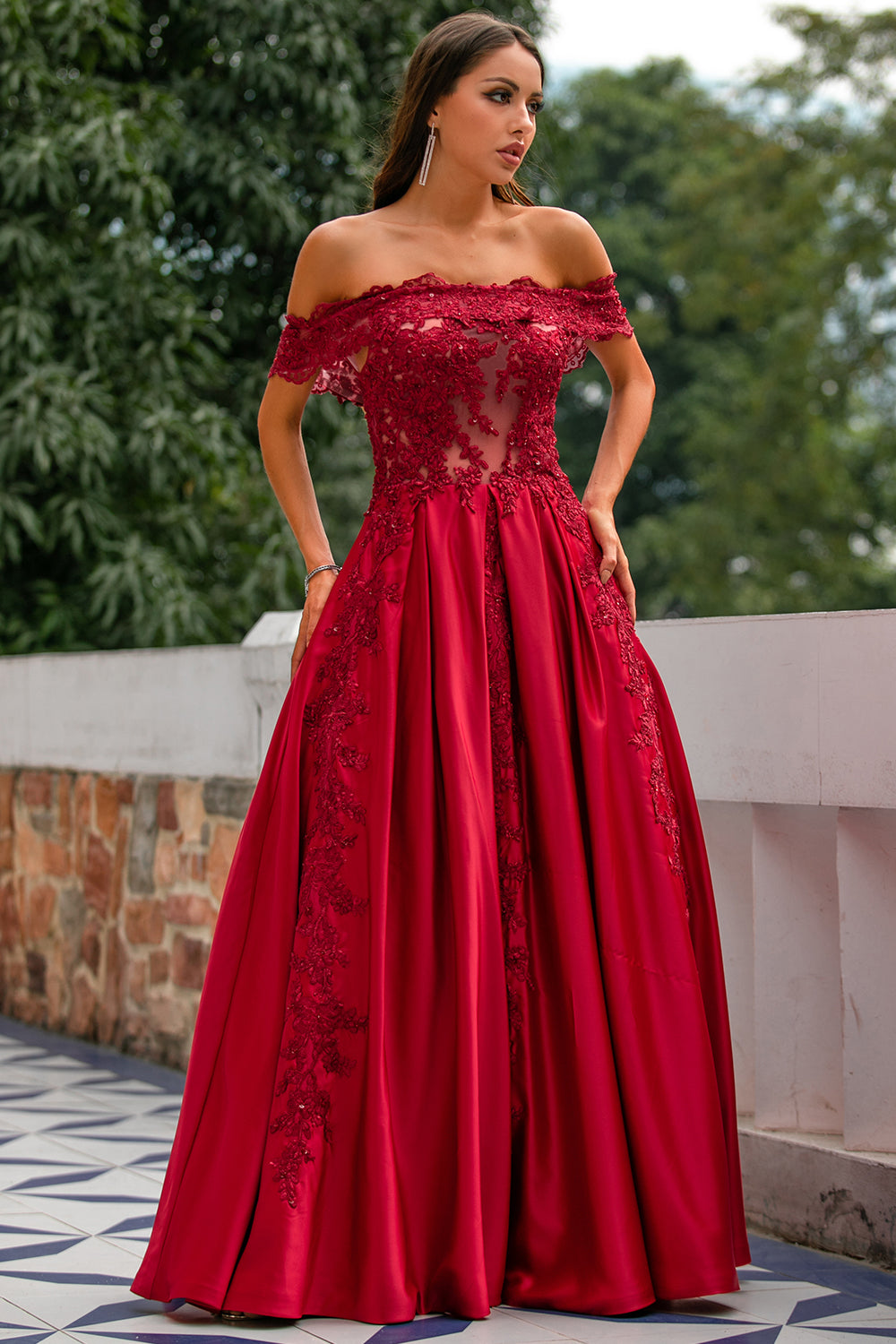 Red Off the Shoulder Long Ball Dress