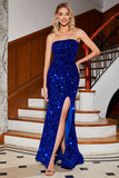 Royal Blue Mermaid Strapless Sequins Ball Dress with Slit