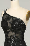 Black Sheath One Shoulder Backless Lace Long Ball Dress