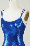 Royal Blue Tight Sequins Backless Cocktail Dress