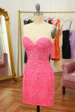 Tight Pink Short Cocktail Party Dress with Appliques